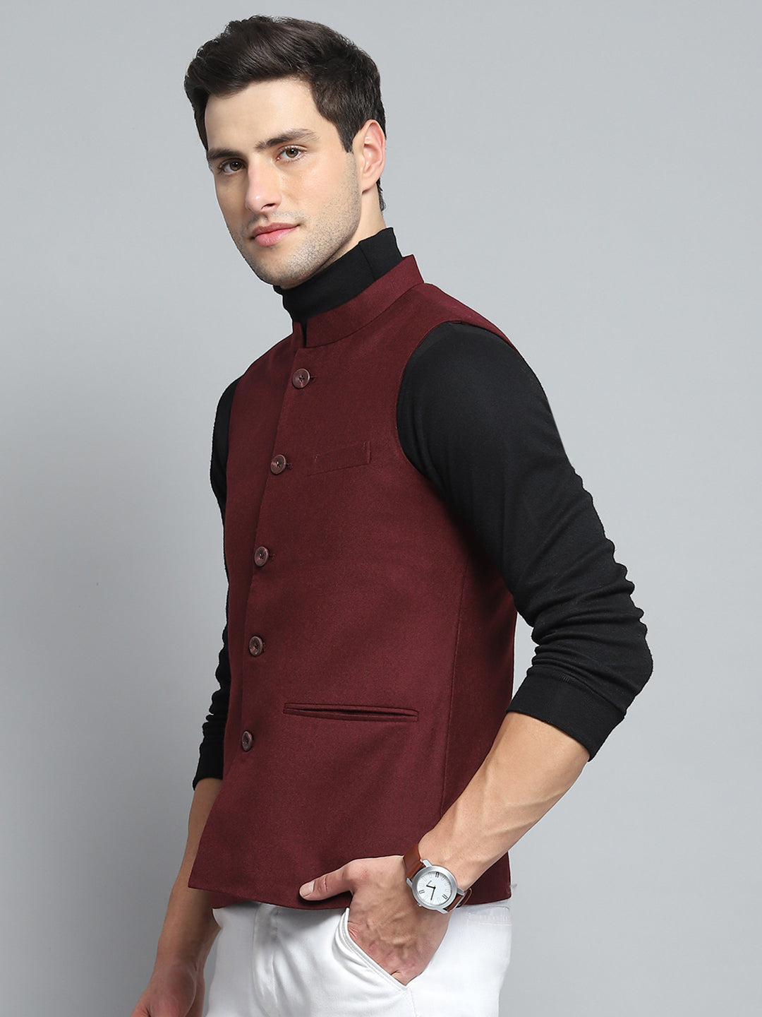 Men Maroon Solid Band Collar Sleeveless Nehru Jacket