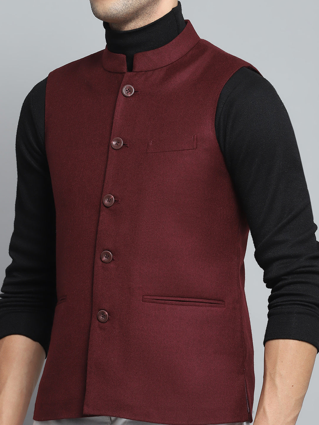 Men Maroon Solid Band Collar Sleeveless Nehru Jacket