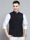 Men Navy Blue Solid Band Collar Sleeveless Jacket