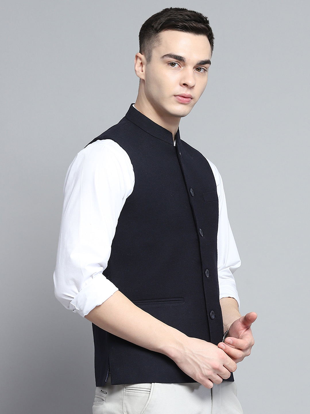 Men Navy Blue Solid Band Collar Sleeveless Jacket