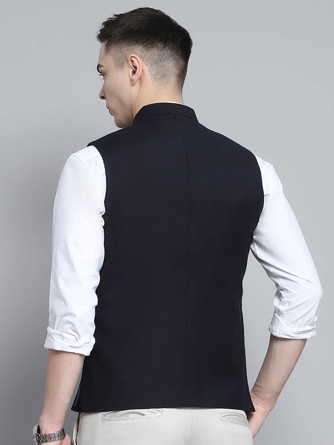 Men Navy Blue Solid Band Collar Sleeveless Jacket