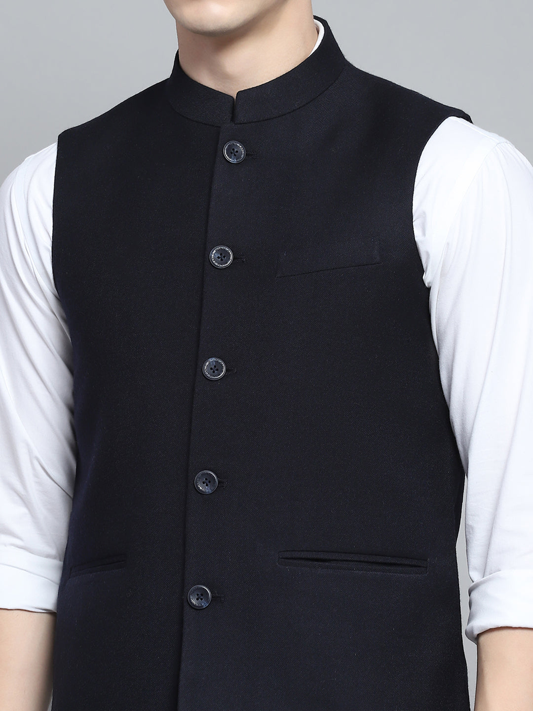 Men Navy Blue Solid Band Collar Sleeveless Jacket