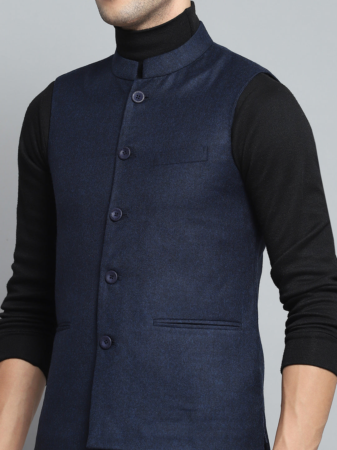 Men Blue Solid Band Collar Sleeveless Nehru Jacket