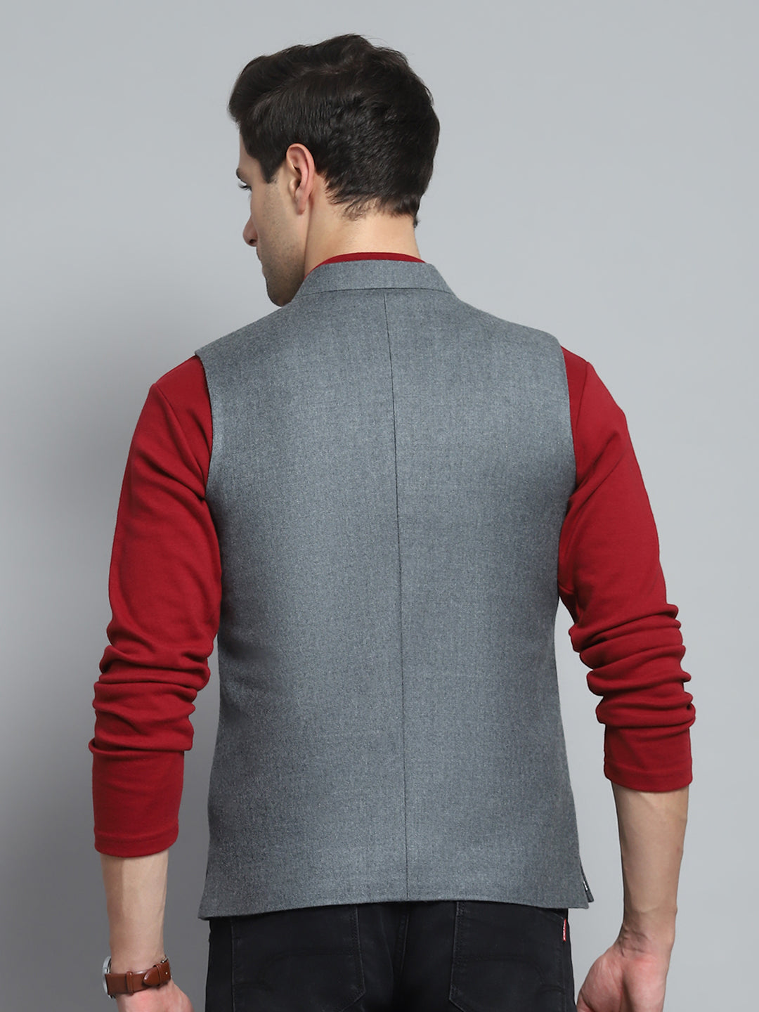 Men Grey Solid Band Collar Sleeveless Nehru Jacket