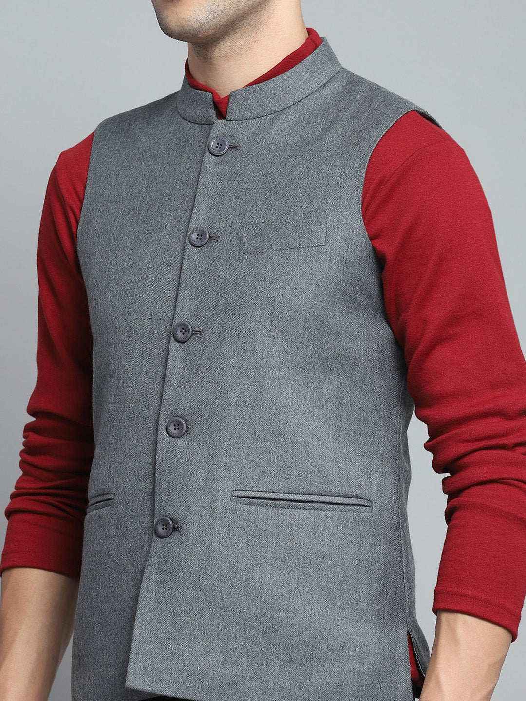 Men Grey Solid Band Collar Sleeveless Nehru Jacket