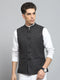Men Charcoal Solid Band Collar Sleeveless Nehru Jacket