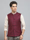 Men Maroon Solid Band Collar Sleeveless Jacket