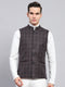 Men Grey Check Band Collar Sleeveless Jacket