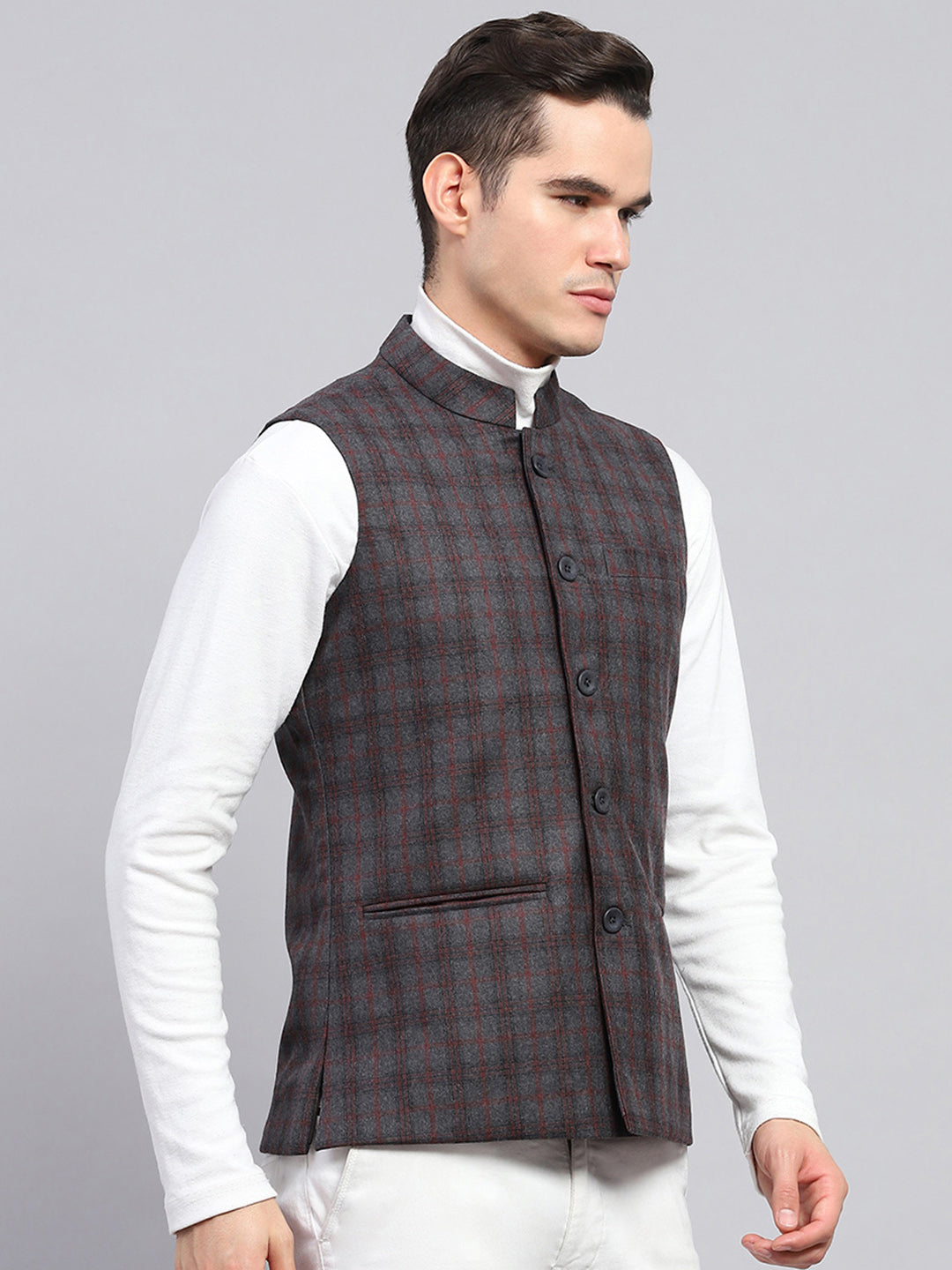 Men Grey Check Band Collar Sleeveless Jacket