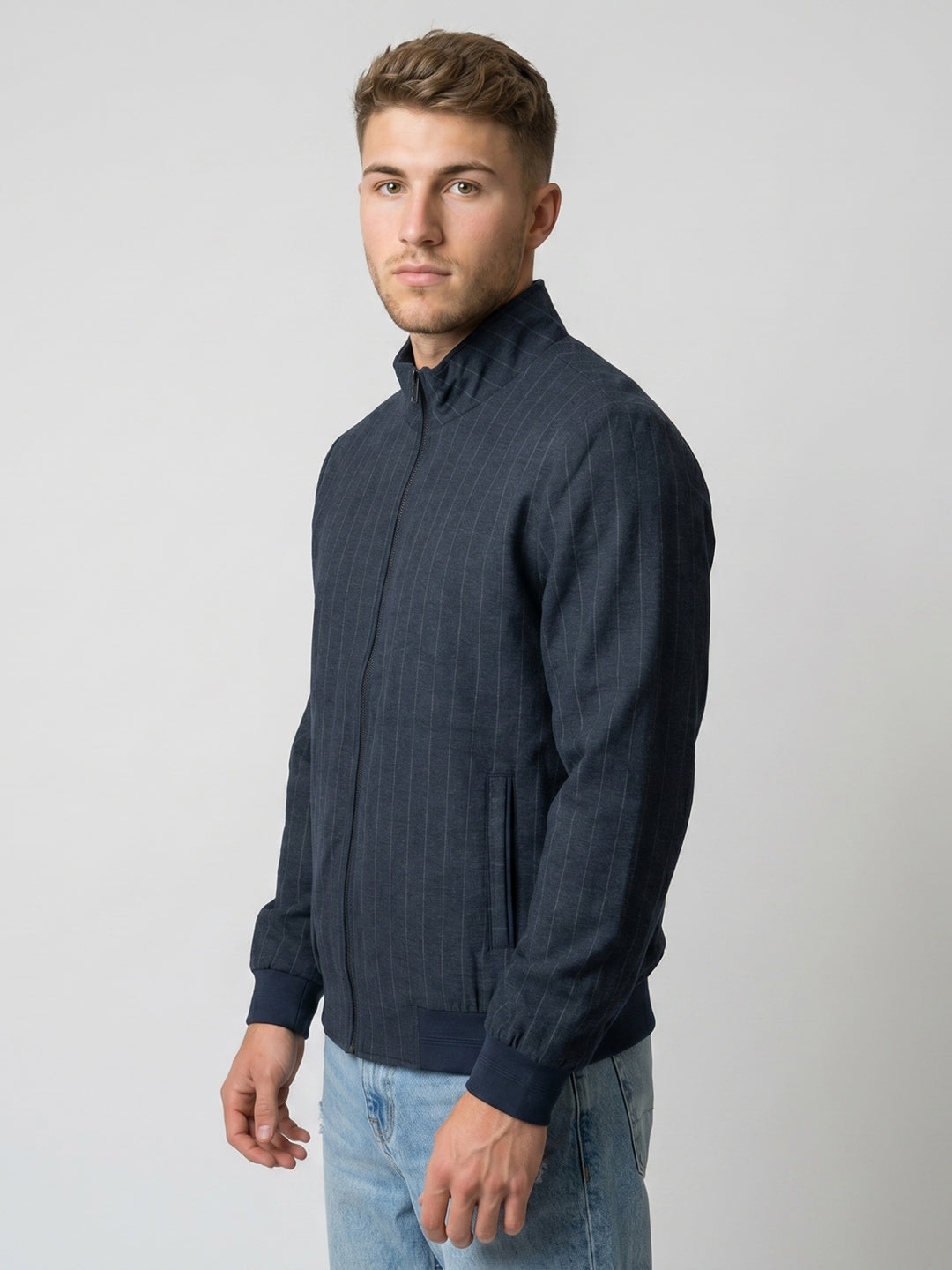 Men Blue Stripe Stand Collar Full Sleeve Jacket