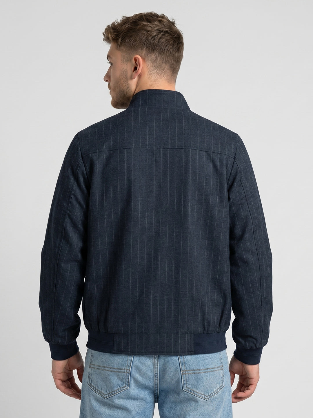 Men Blue Stripe Stand Collar Full Sleeve Jacket