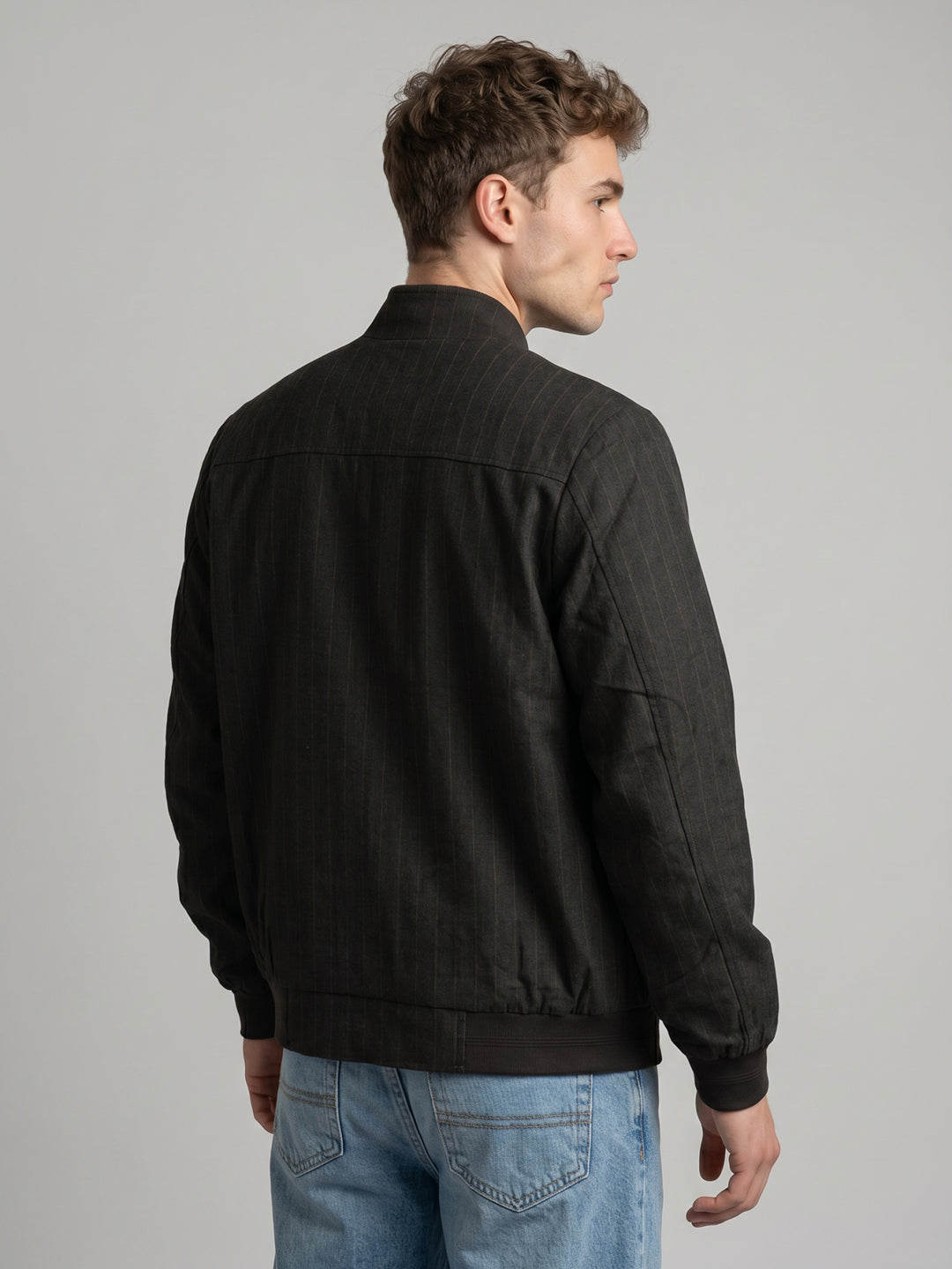 Men Brown Stripe Stand Collar Full Sleeve Jacket