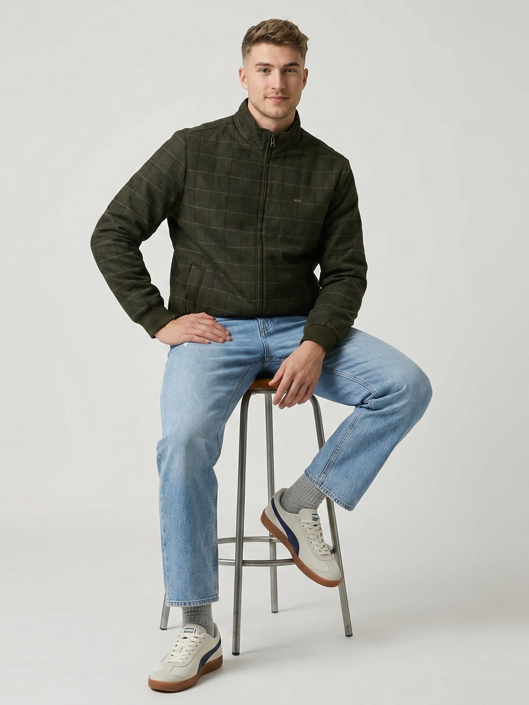 Men Olive Check Turtle Neck Full Sleeve Shacket
