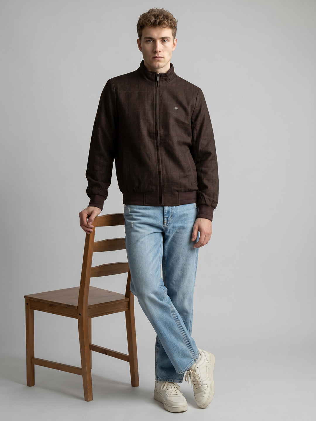 Men Maroon Check Turtle Neck Full Sleeve Jacket