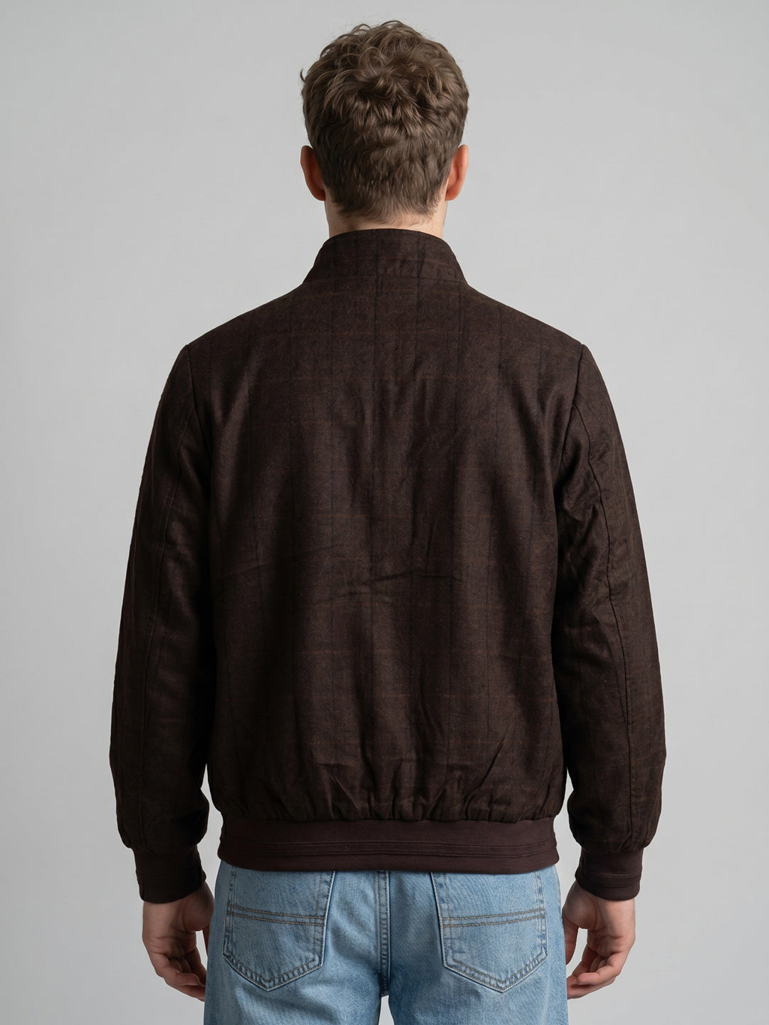 Men Maroon Check Turtle Neck Full Sleeve Jacket
