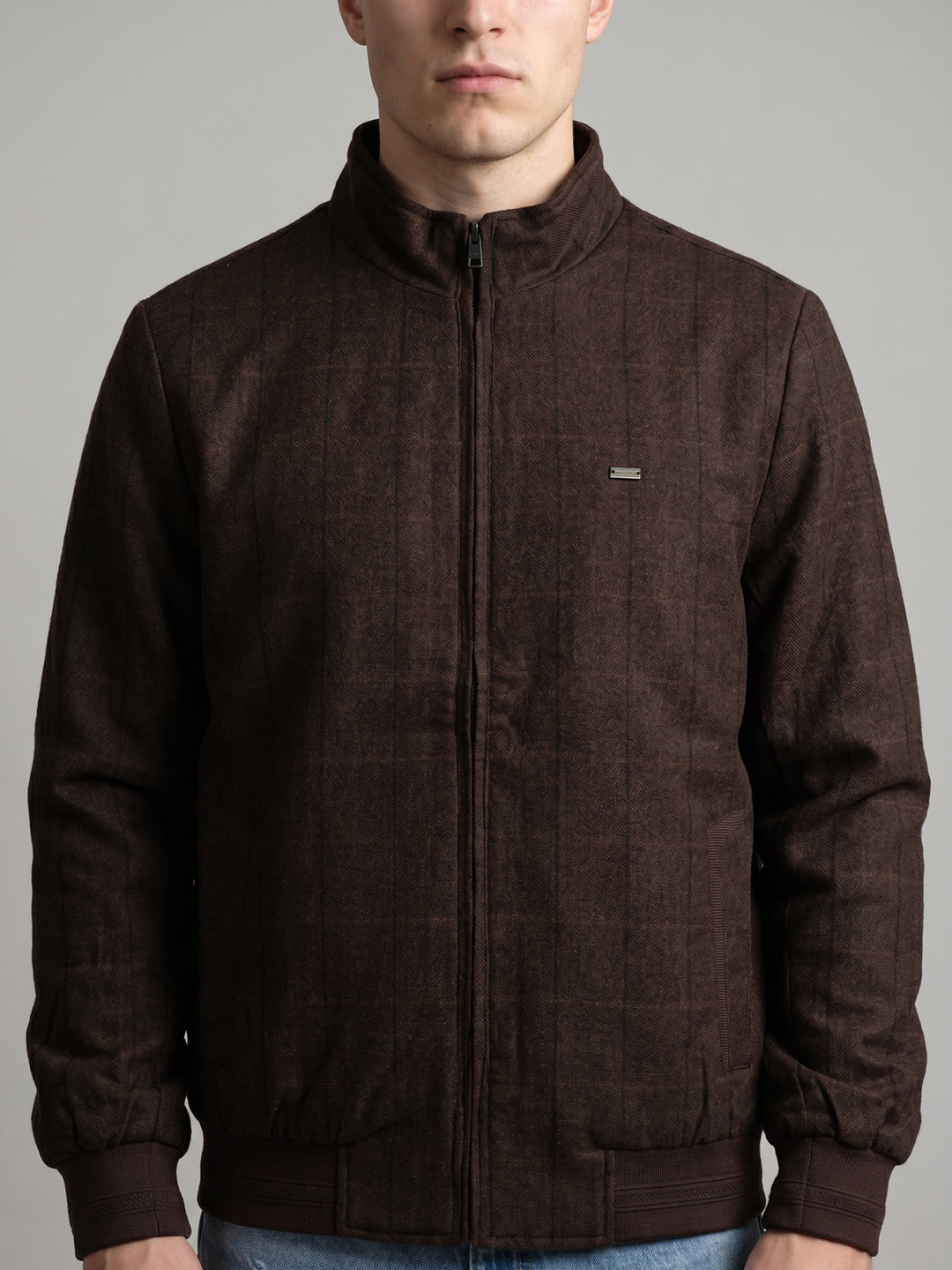 Men Maroon Check Turtle Neck Full Sleeve Jacket