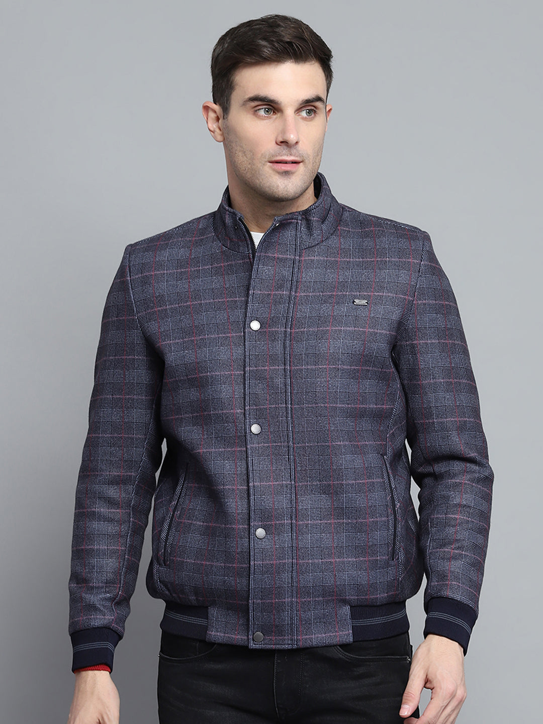 Buy Men Navy Blue Self Design Mock Neck Full Sleeve Jacket Online in ...