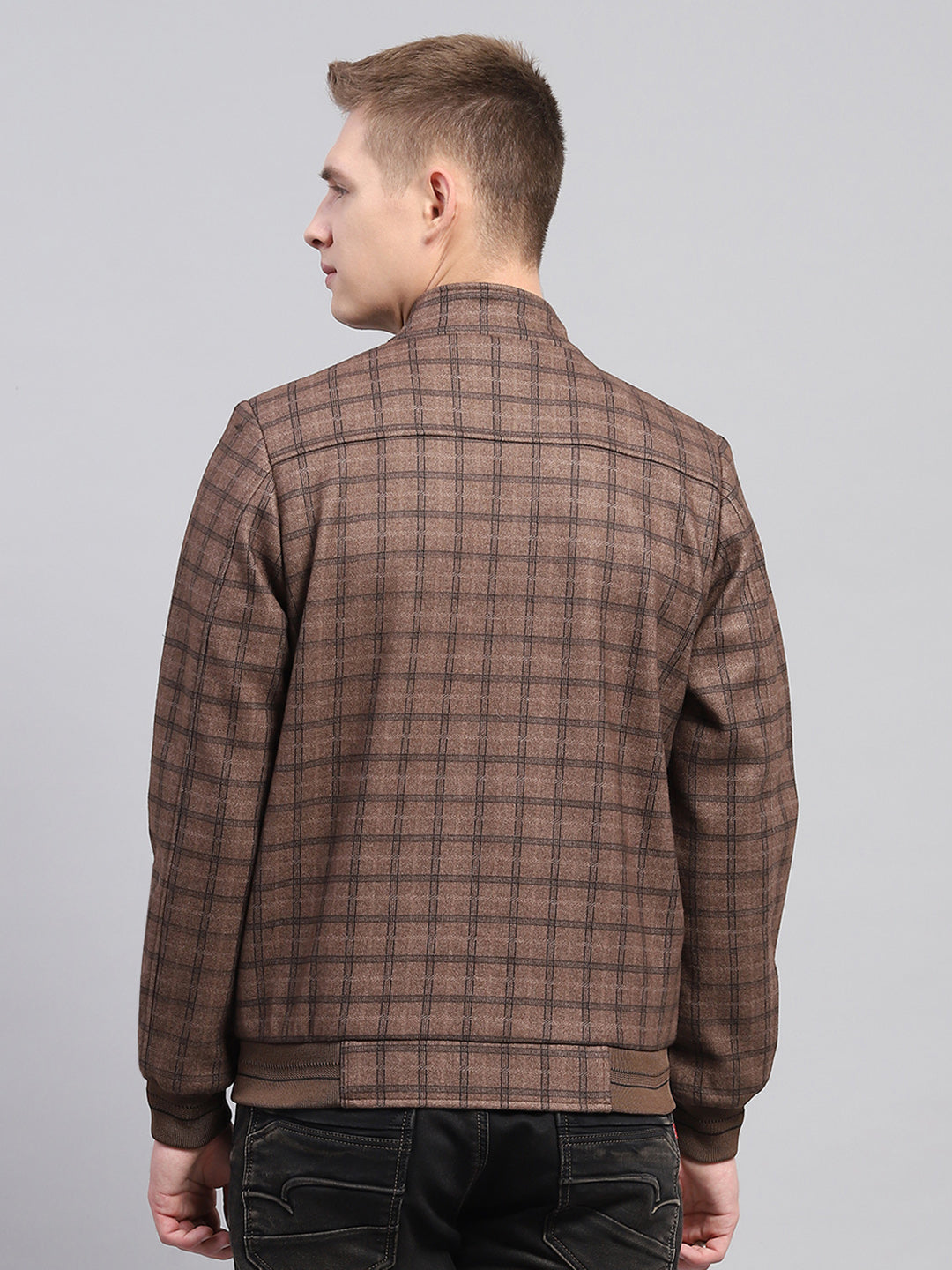 Buy Men Brown Check Mock Neck Full Sleeve Jacket Online in India