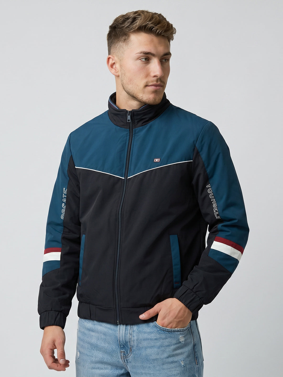 Men Navy Blue Solid Turtle Neck Full Sleeve Bomber Jacket