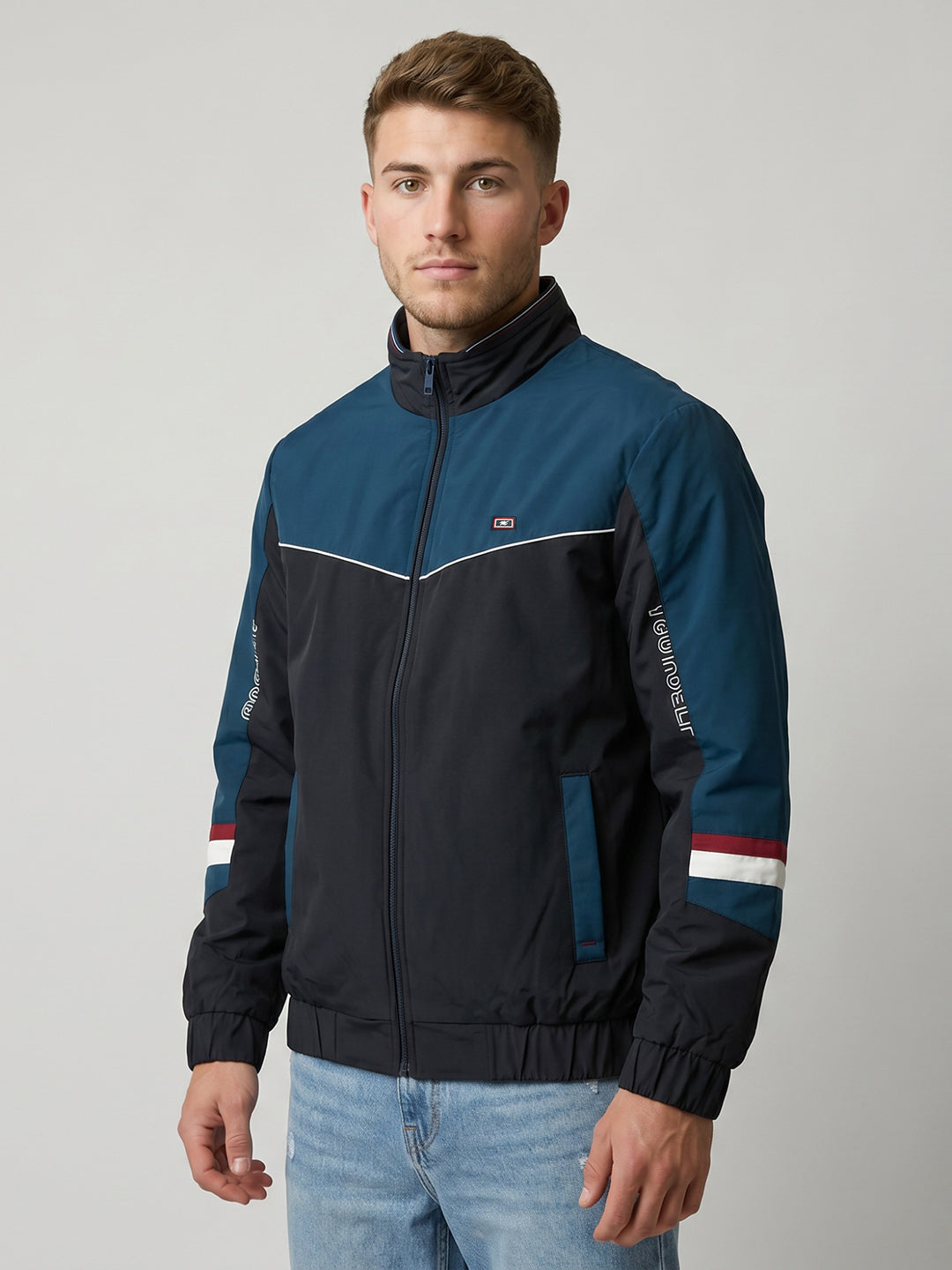 Men Navy Blue Solid Turtle Neck Full Sleeve Bomber Jacket