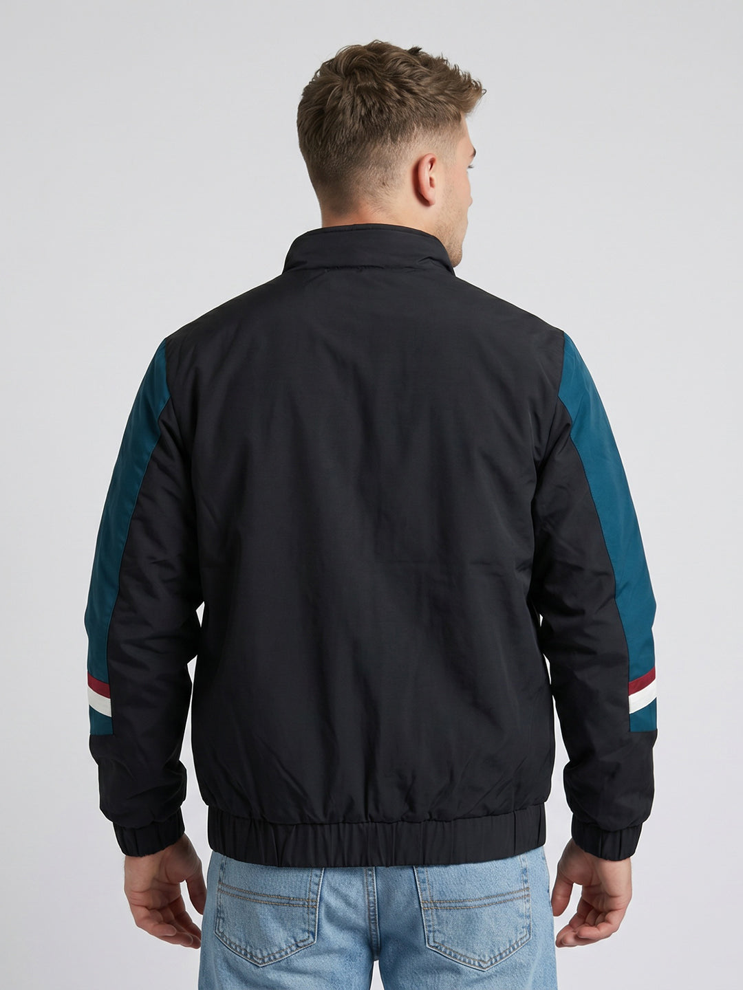 Men Navy Blue Solid Turtle Neck Full Sleeve Bomber Jacket