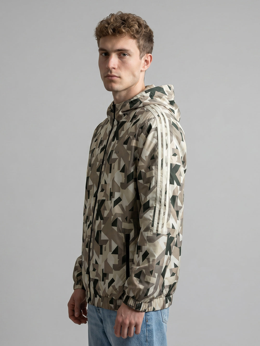 Men Khaki Geometric Block Detachable Hood Full Sleeve Jacket