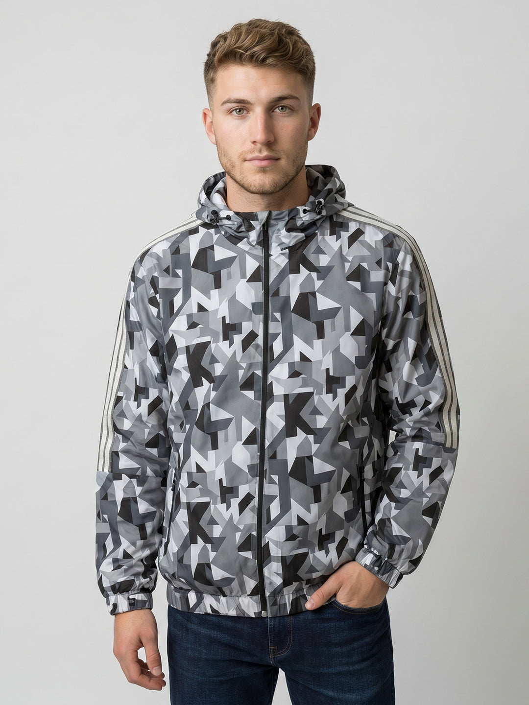 Men Grey Geometric Block Detachable Hood Full Sleeve Jacket