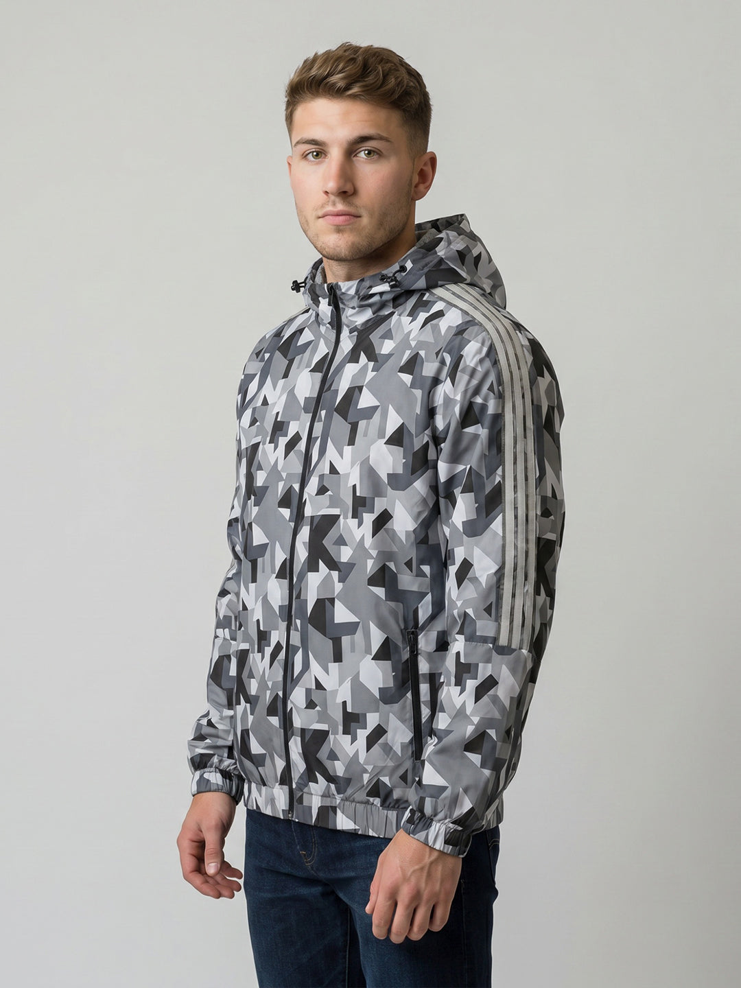 Men Grey Geometric Block Detachable Hood Full Sleeve Jacket