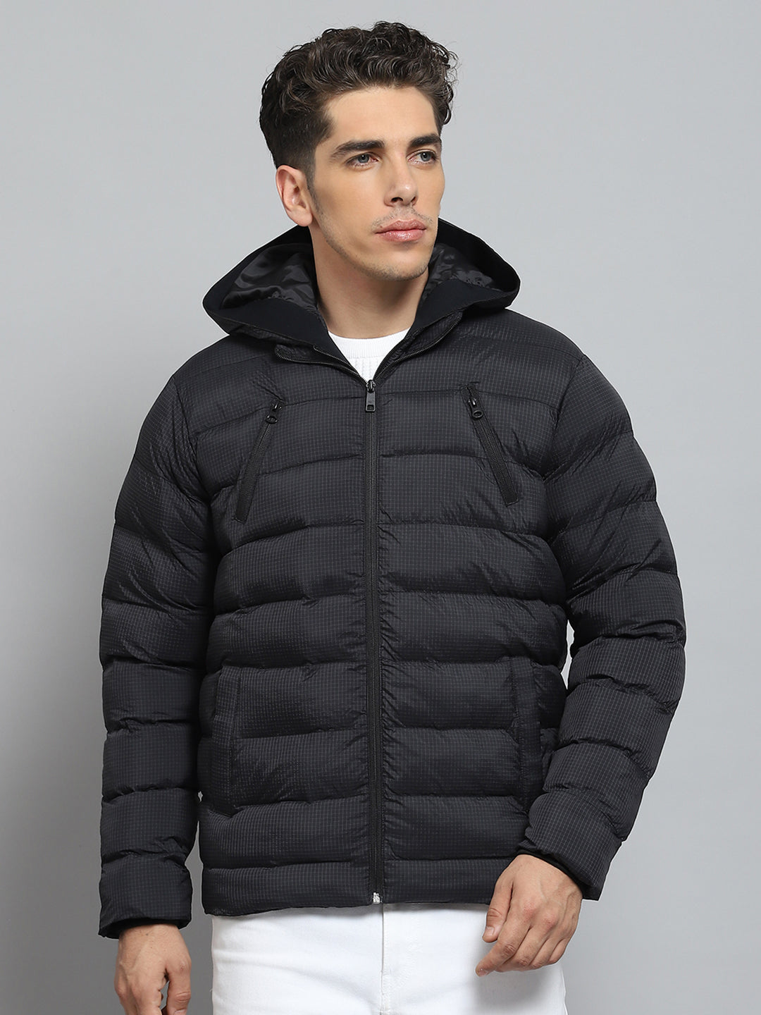 Men Black Solid Hooded Full Sleeve Jacket