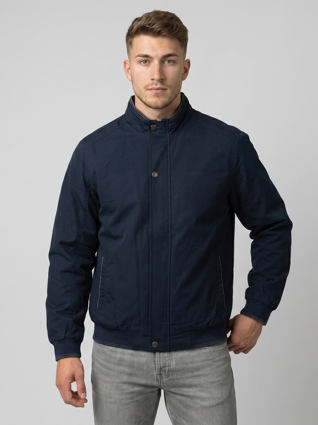 Men Navy Blue Solid Collar Full Sleeve Bomber Jacket