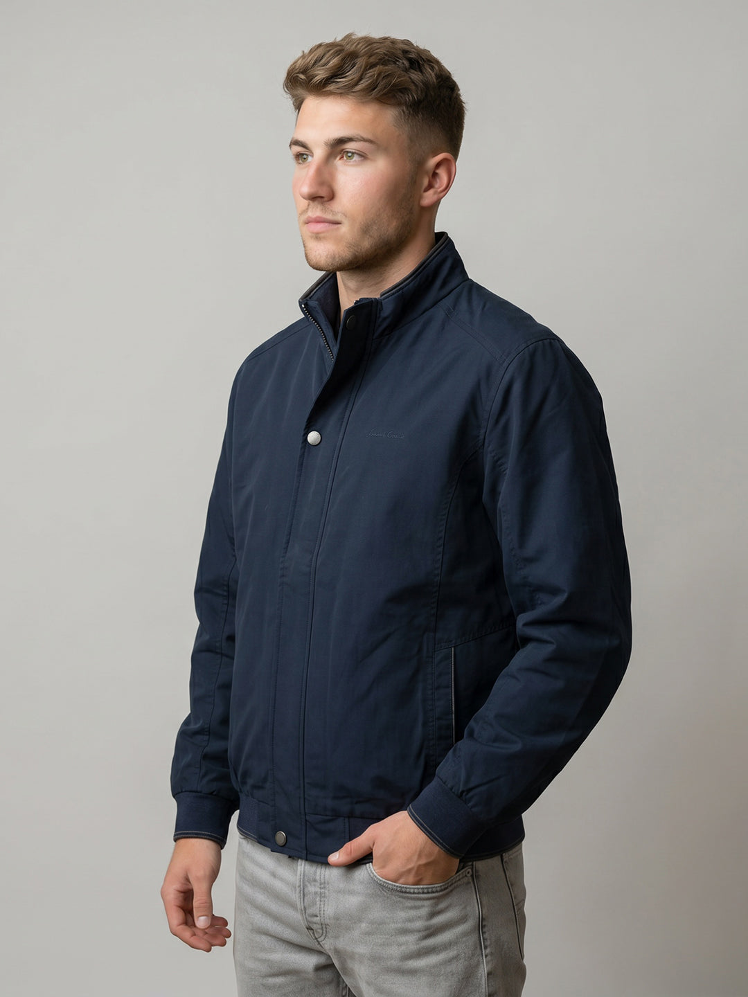 Men Navy Blue Solid Collar Full Sleeve Bomber Jacket