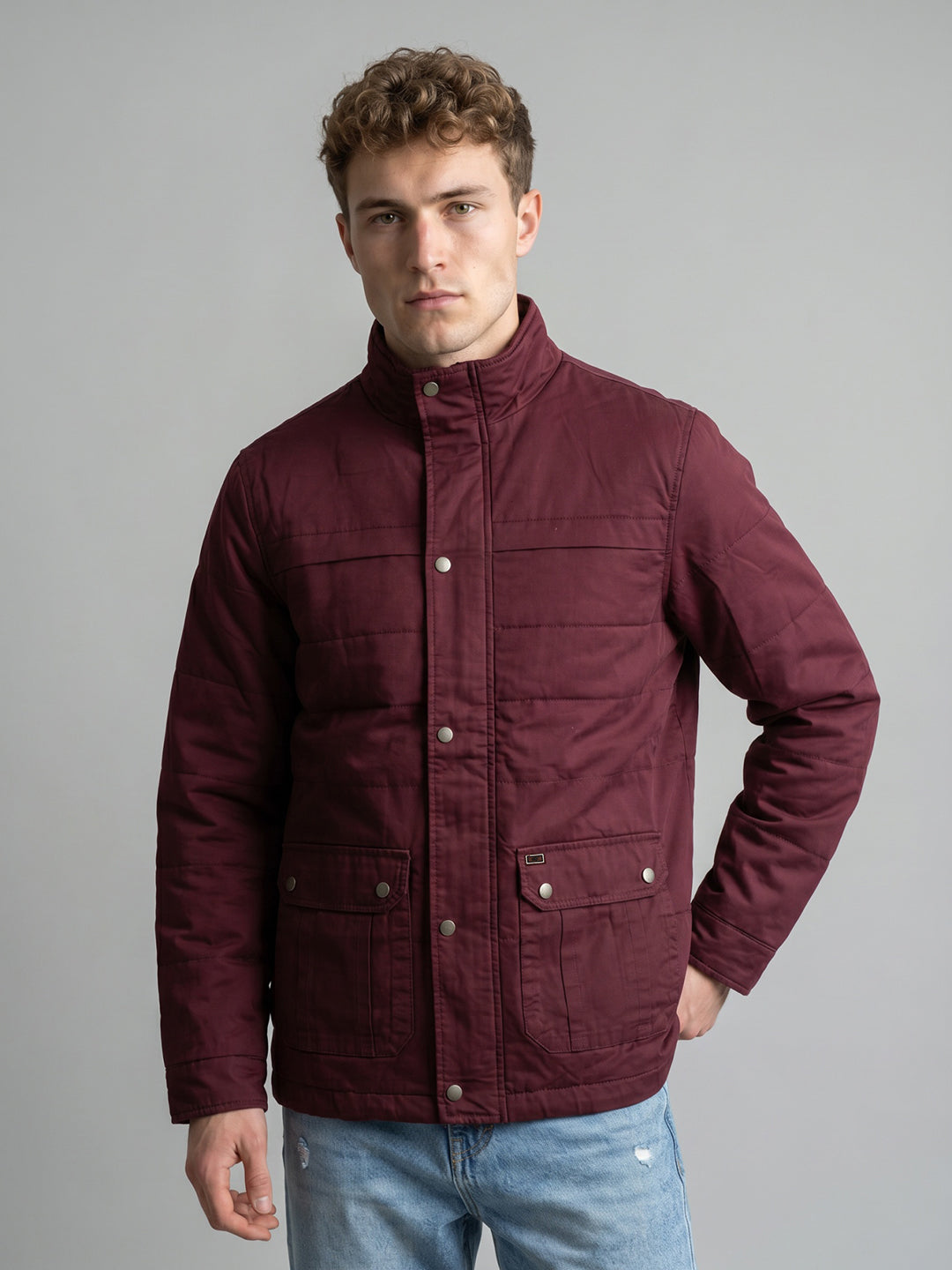 Men Maroon Solid Stand Collar Full Sleeve Parka Jacket