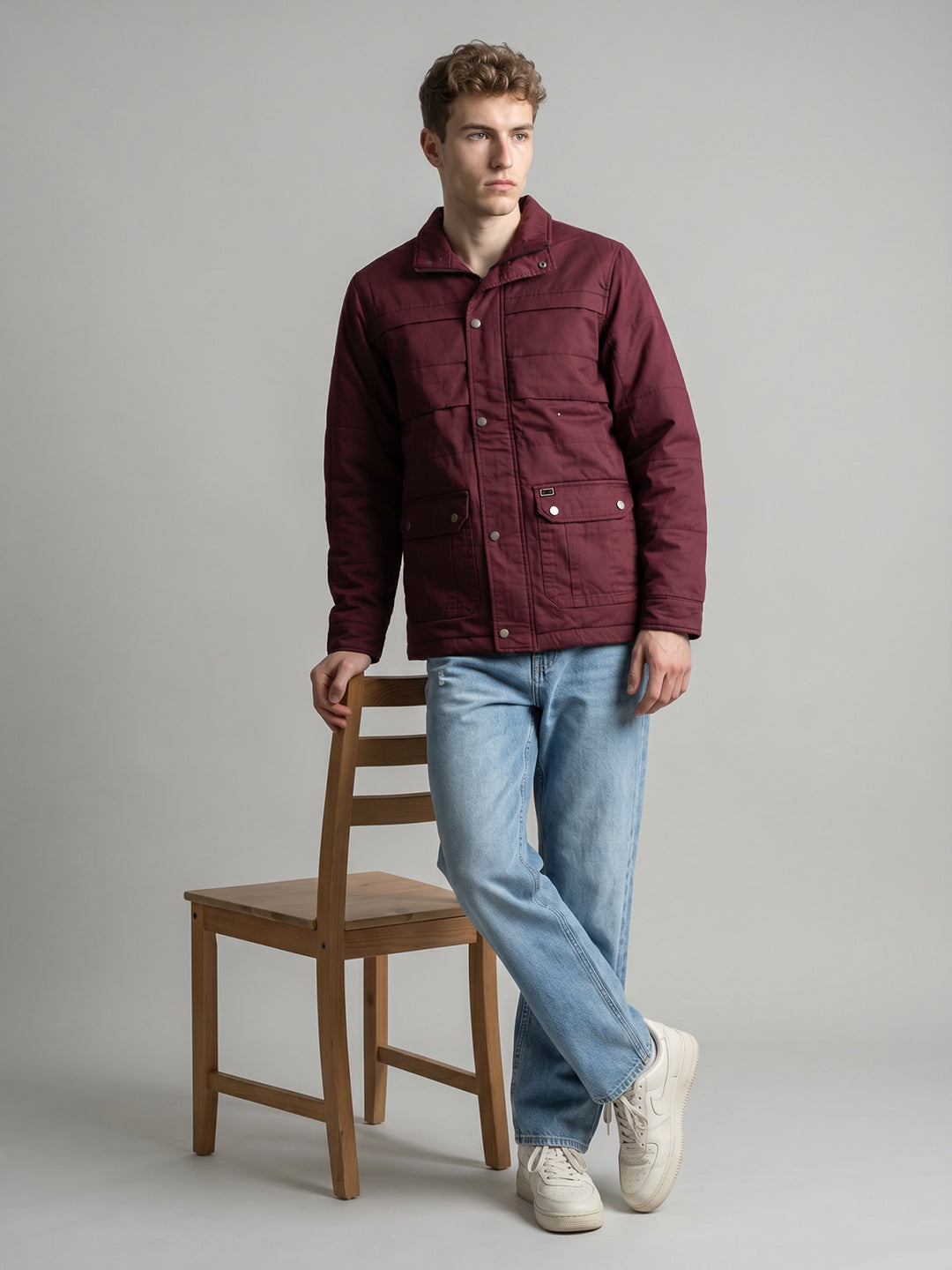 Men Maroon Solid Stand Collar Full Sleeve Parka Jacket
