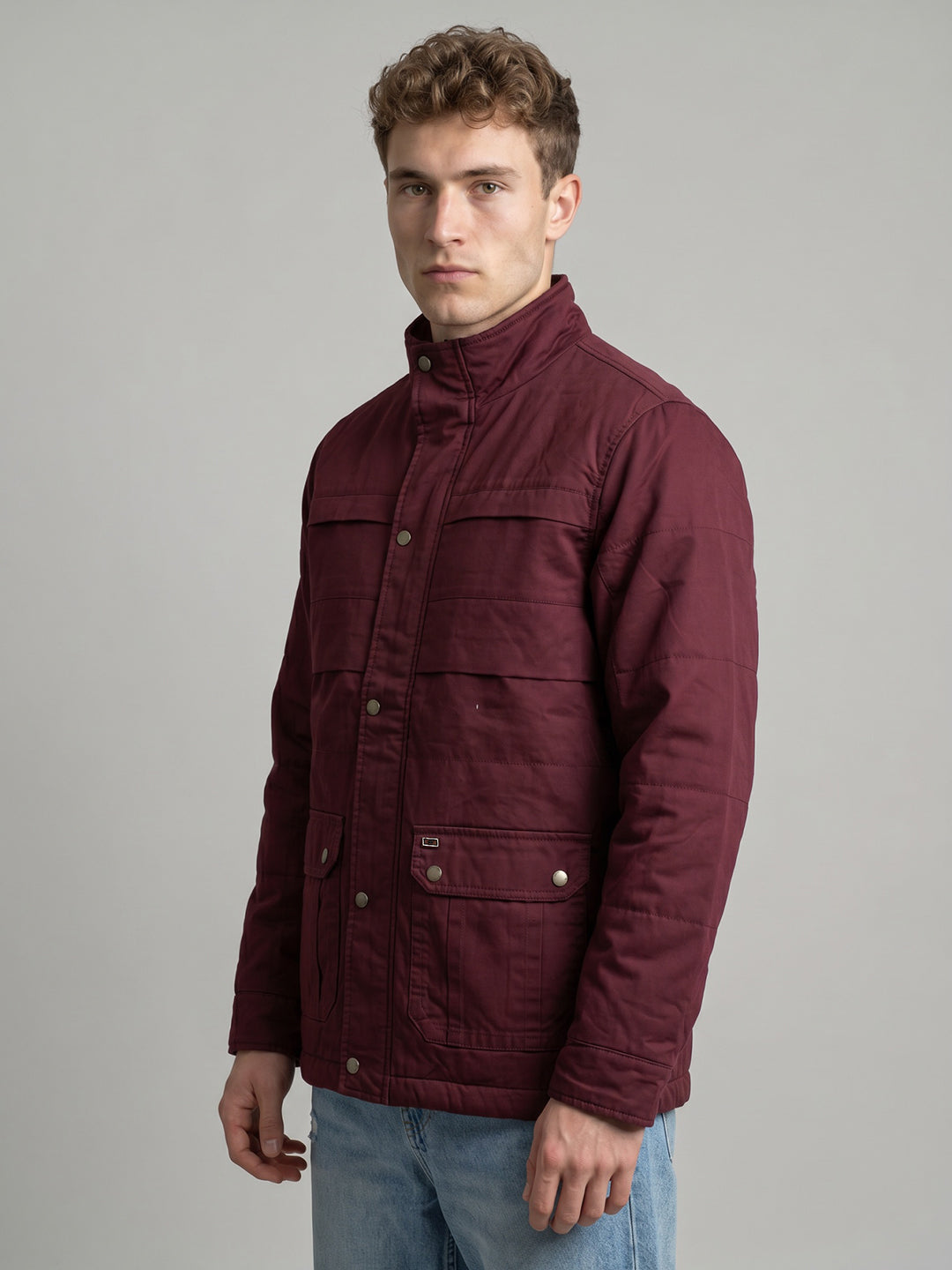Men Maroon Solid Stand Collar Full Sleeve Parka Jacket