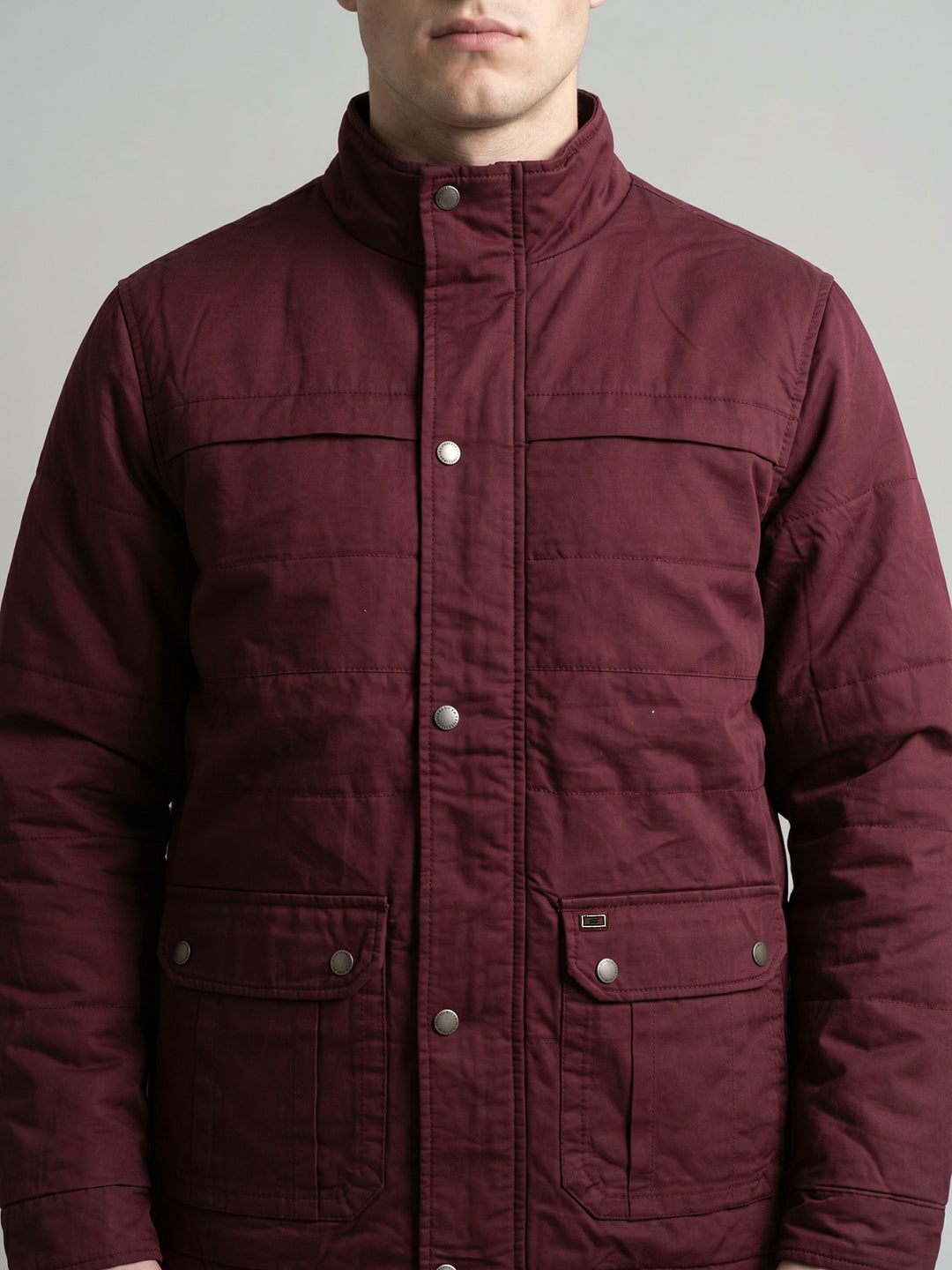 Men Maroon Solid Stand Collar Full Sleeve Parka Jacket