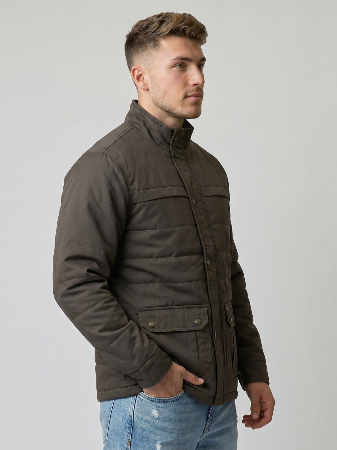 Men Grey Solid Stand Collar Full Sleeve Parka Jacket