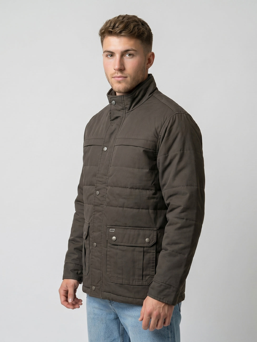 Men Grey Solid Stand Collar Full Sleeve Parka Jacket