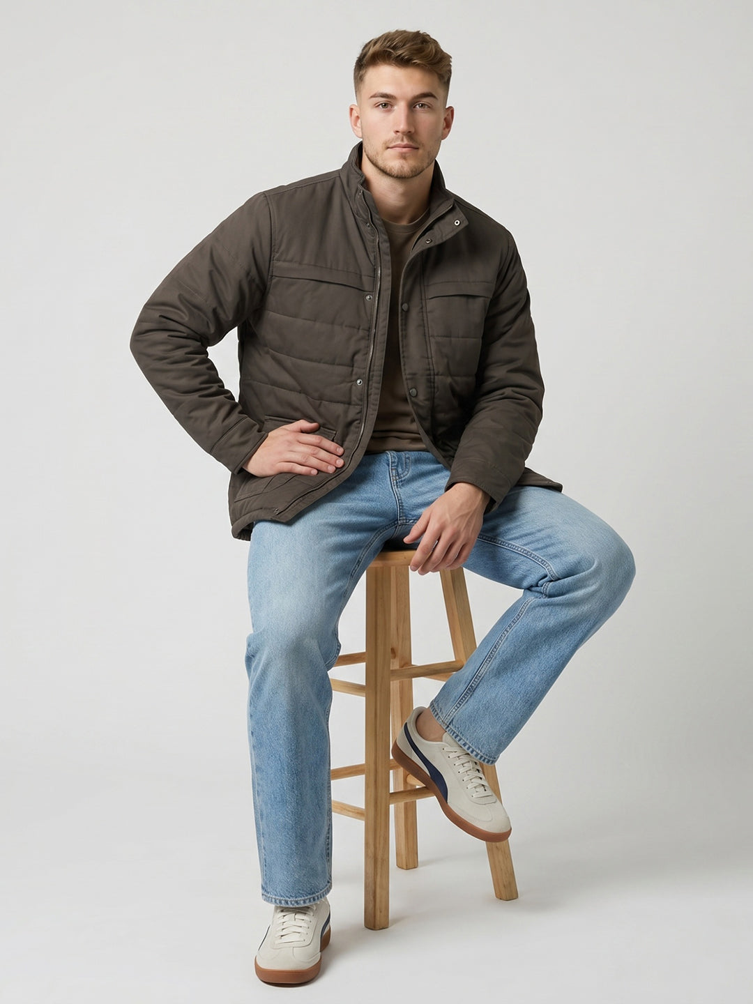 Men Grey Solid Stand Collar Full Sleeve Parka Jacket