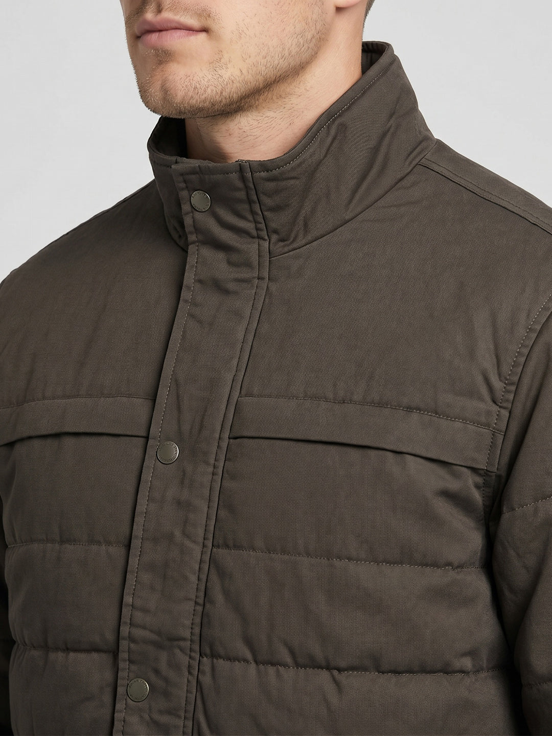 Men Grey Solid Stand Collar Full Sleeve Parka Jacket