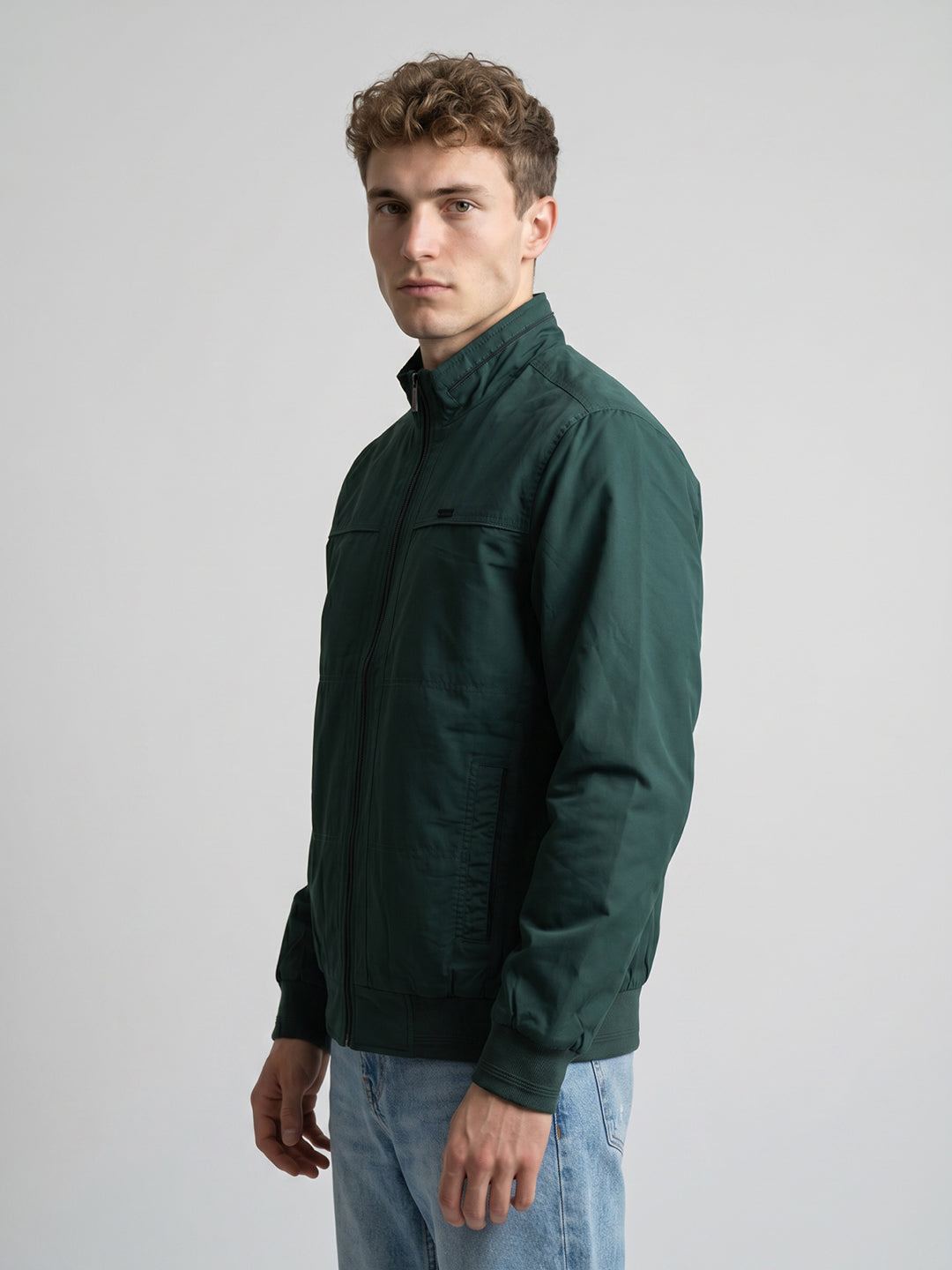 Men Green Solid Turtle Neck Full Sleeve Bomber Jacket