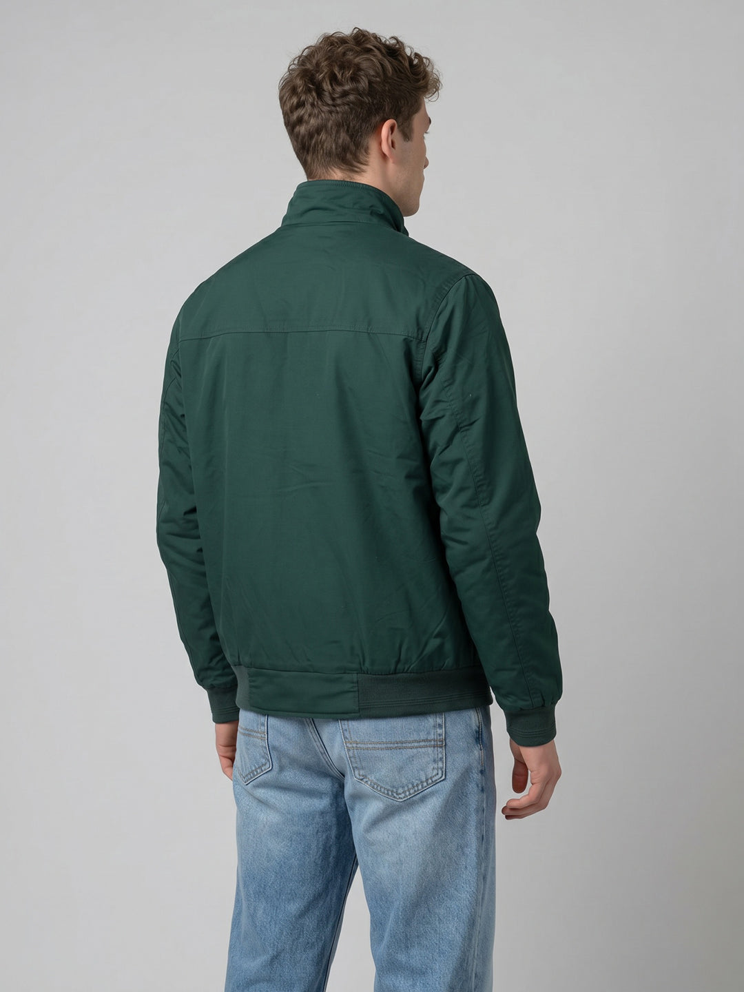 Men Green Solid Turtle Neck Full Sleeve Bomber Jacket