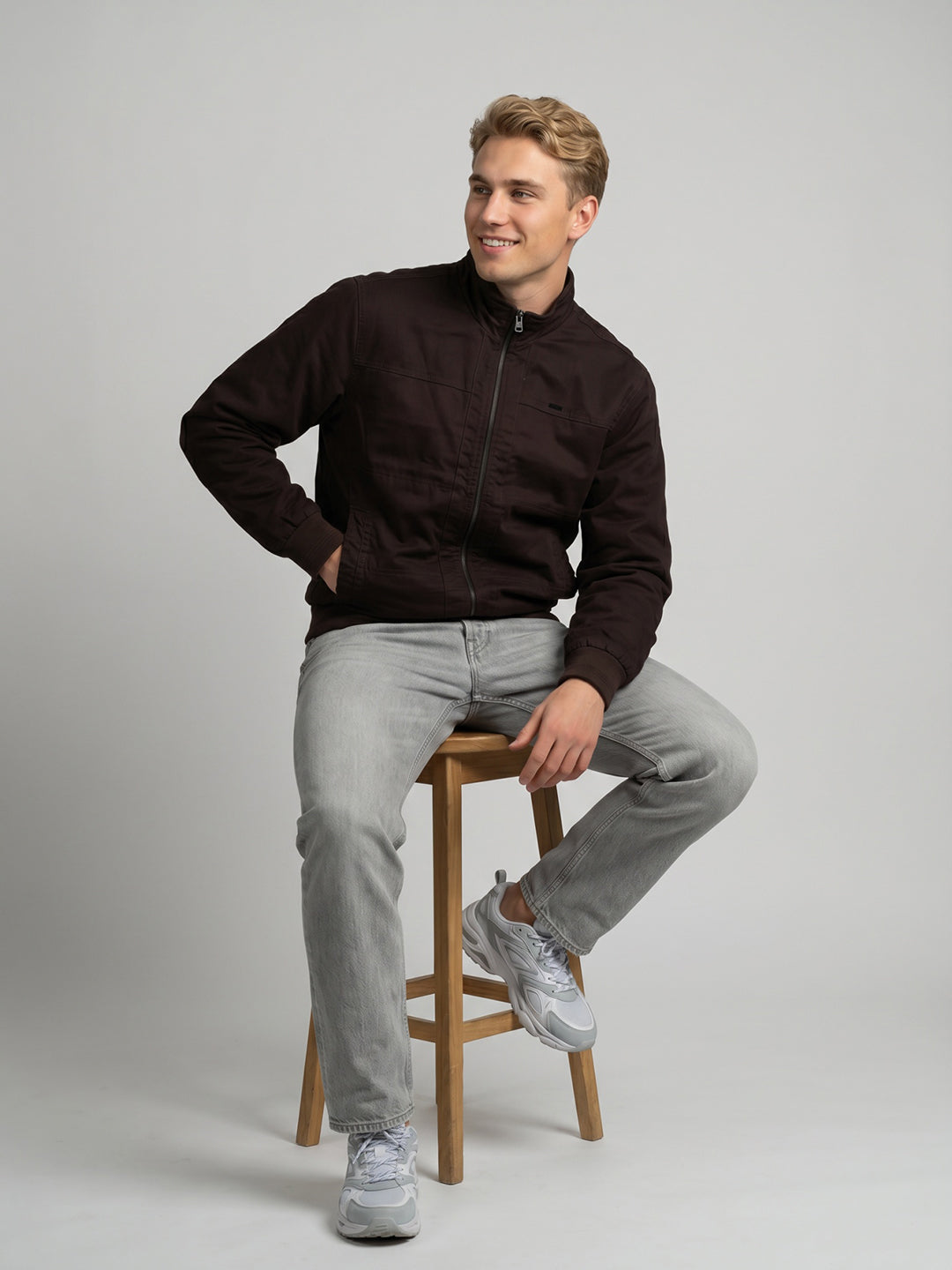 Men Burgundy Solid Turtle Neck Full Sleeve Bomber Jacket
