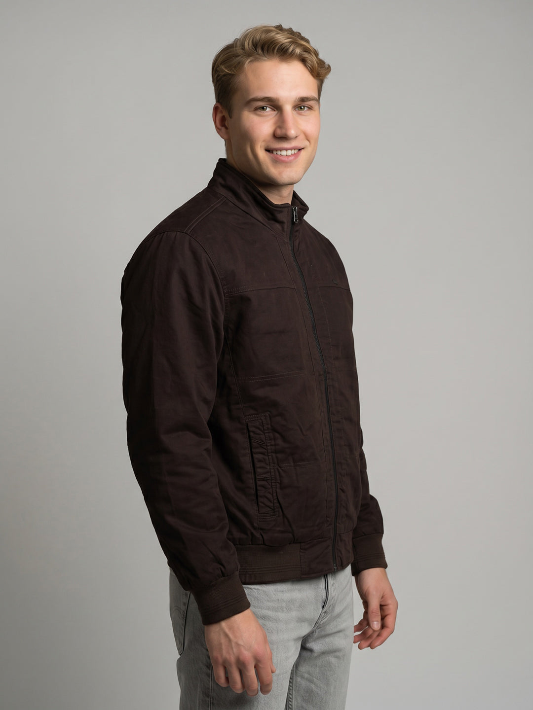 Men Burgundy Solid Turtle Neck Full Sleeve Bomber Jacket