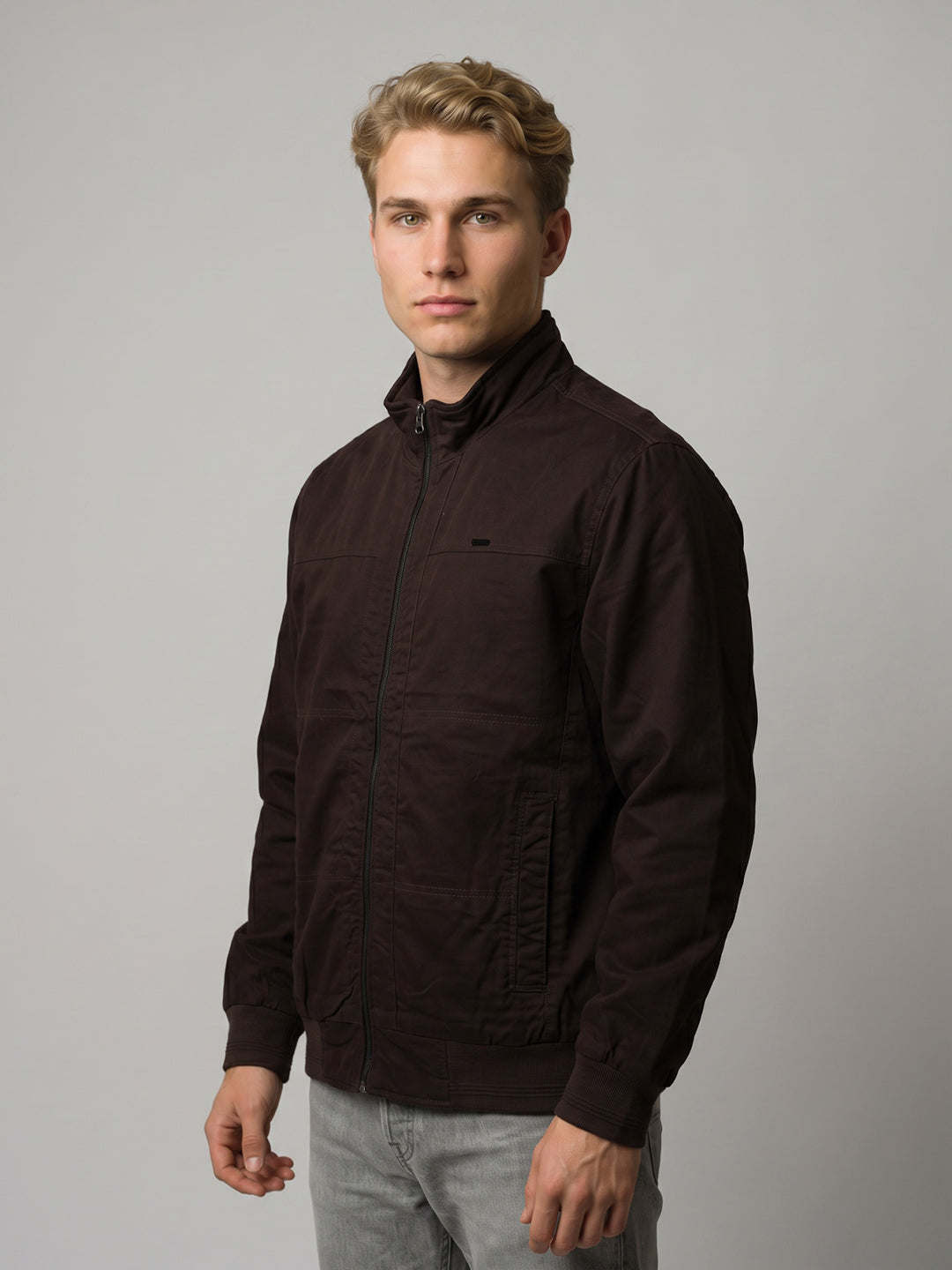 Men Burgundy Solid Turtle Neck Full Sleeve Bomber Jacket