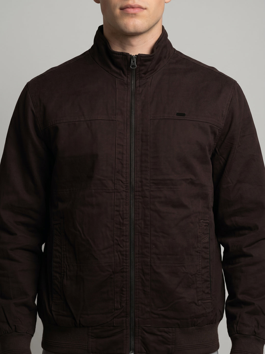 Men Burgundy Solid Turtle Neck Full Sleeve Bomber Jacket