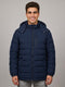 Luxuria Men Navy Blue Solid Detachable Hood Full Sleeve Feather Inside Jacket