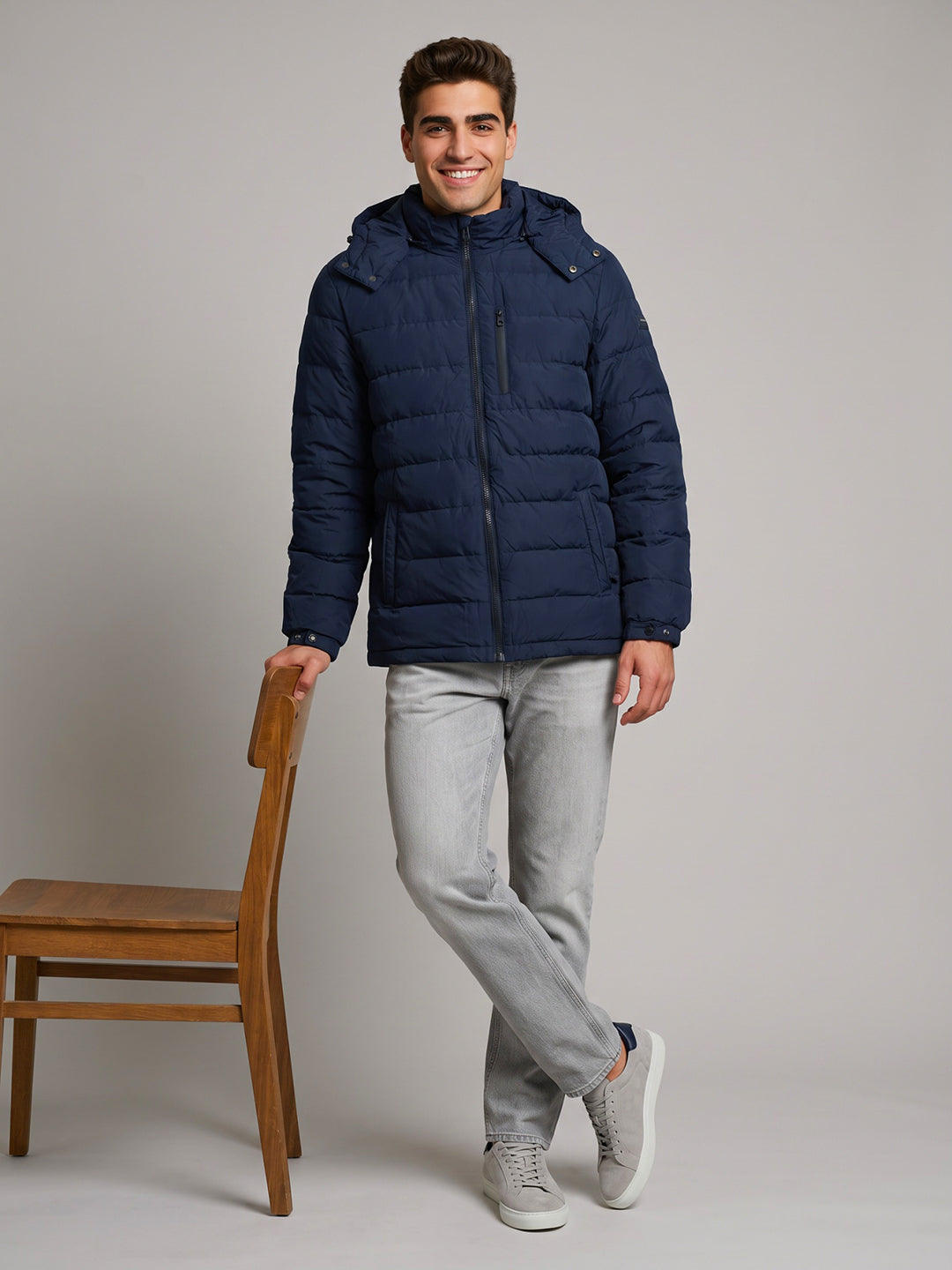 Luxuria Men Navy Blue Solid Detachable Hood Full Sleeve Feather Inside Jacket