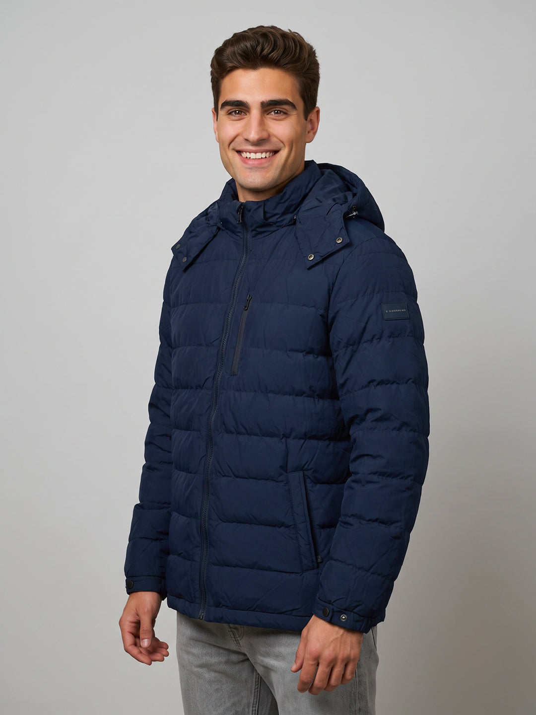 Luxuria Men Navy Blue Solid Detachable Hood Full Sleeve Feather Inside Jacket