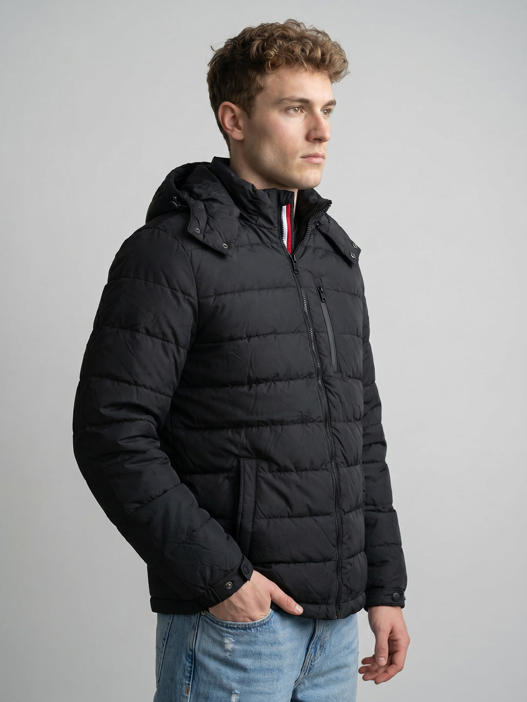 Luxuria Men Black Solid Detachable Hood Full Sleeve Feather Inside Jacket