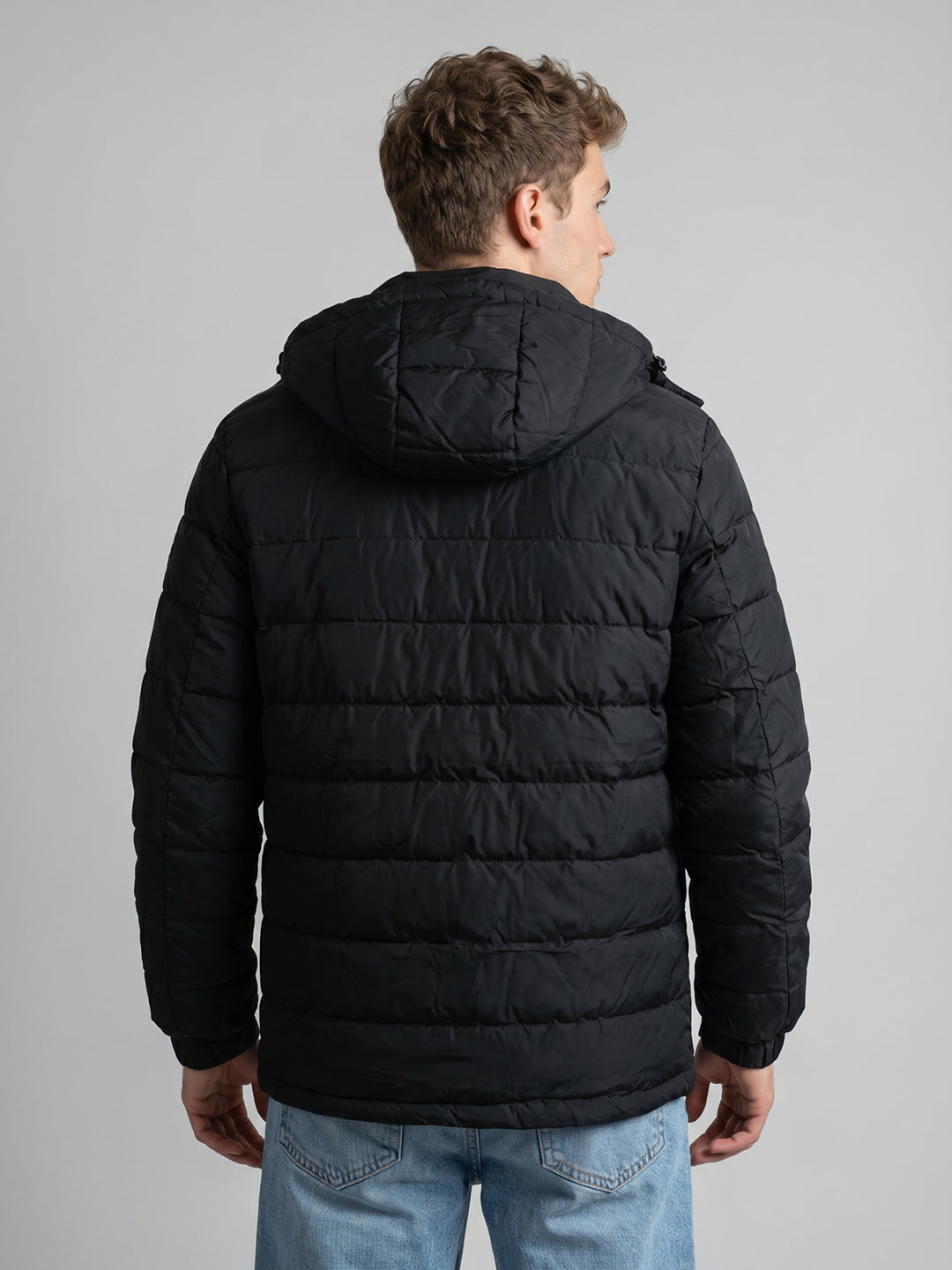 Luxuria Men Black Solid Detachable Hood Full Sleeve Feather Inside Jacket